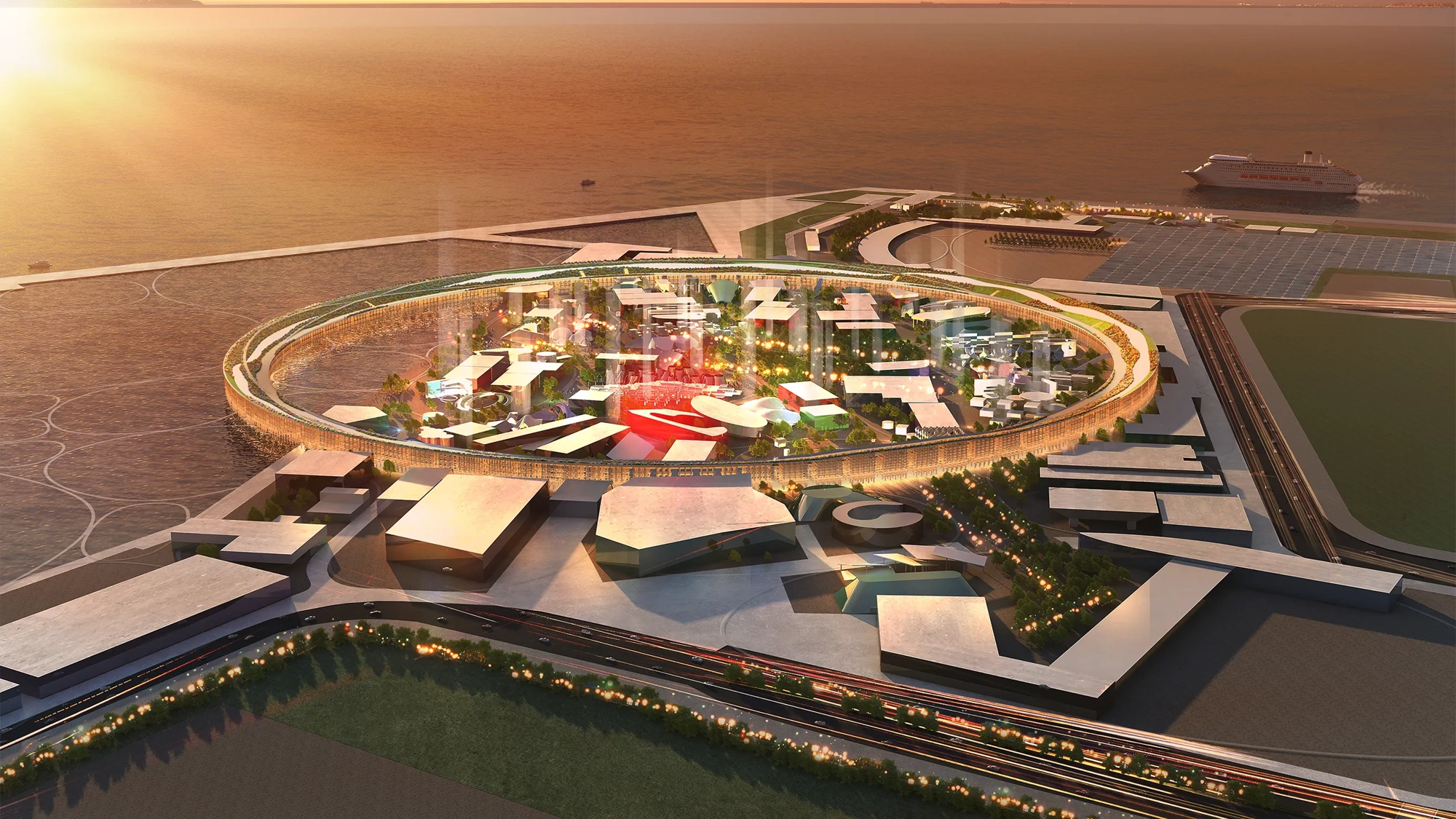 Ariel rendering of the Osaka Expo pavilion, Japan at sunset, showing a circular central structure surrounded by modern buildings and pathways within a large exhibition site.