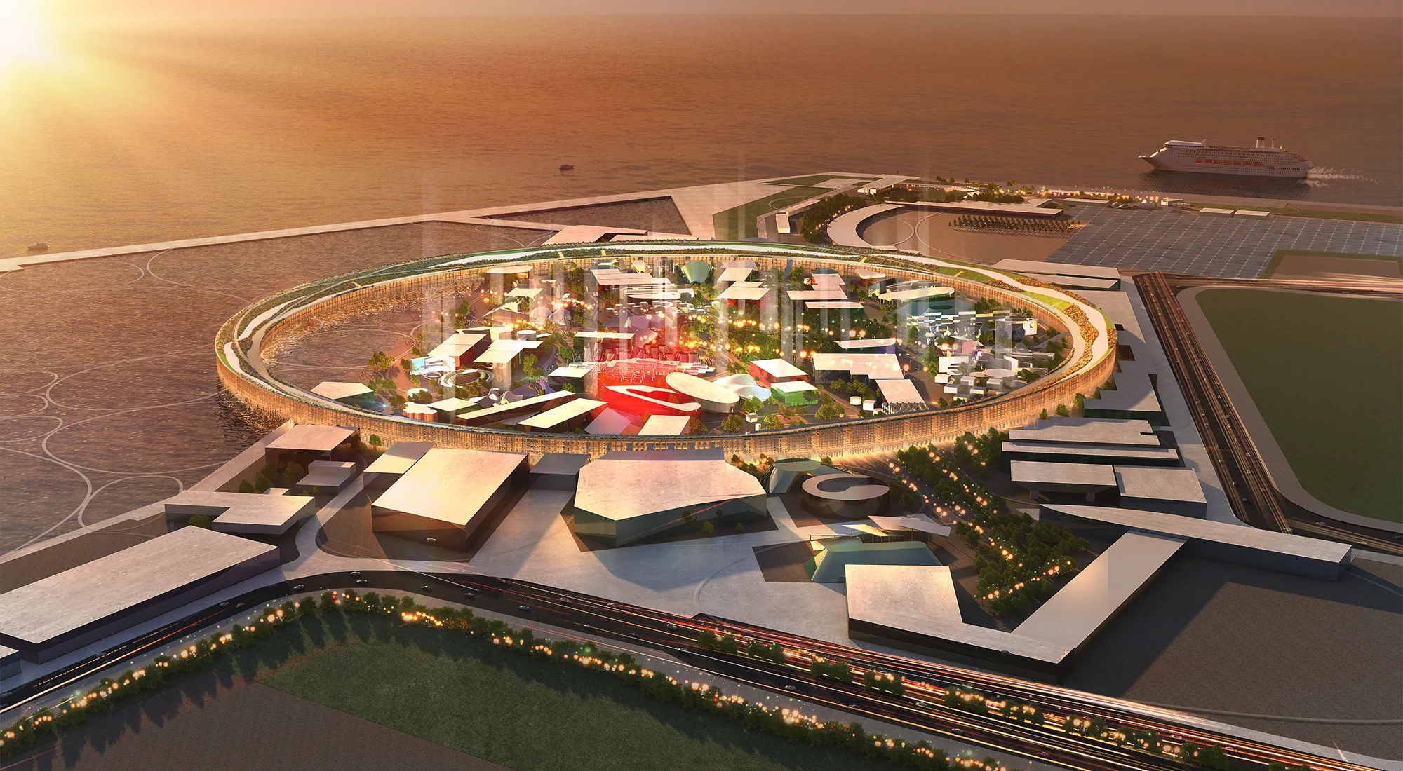 Ariel rendering of the Osaka Expo pavilion, Japan at sunset, showing a circular central structure surrounded by modern buildings and pathways within a large exhibition site.