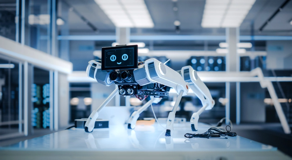 White 4 legged robot with a screen as a face