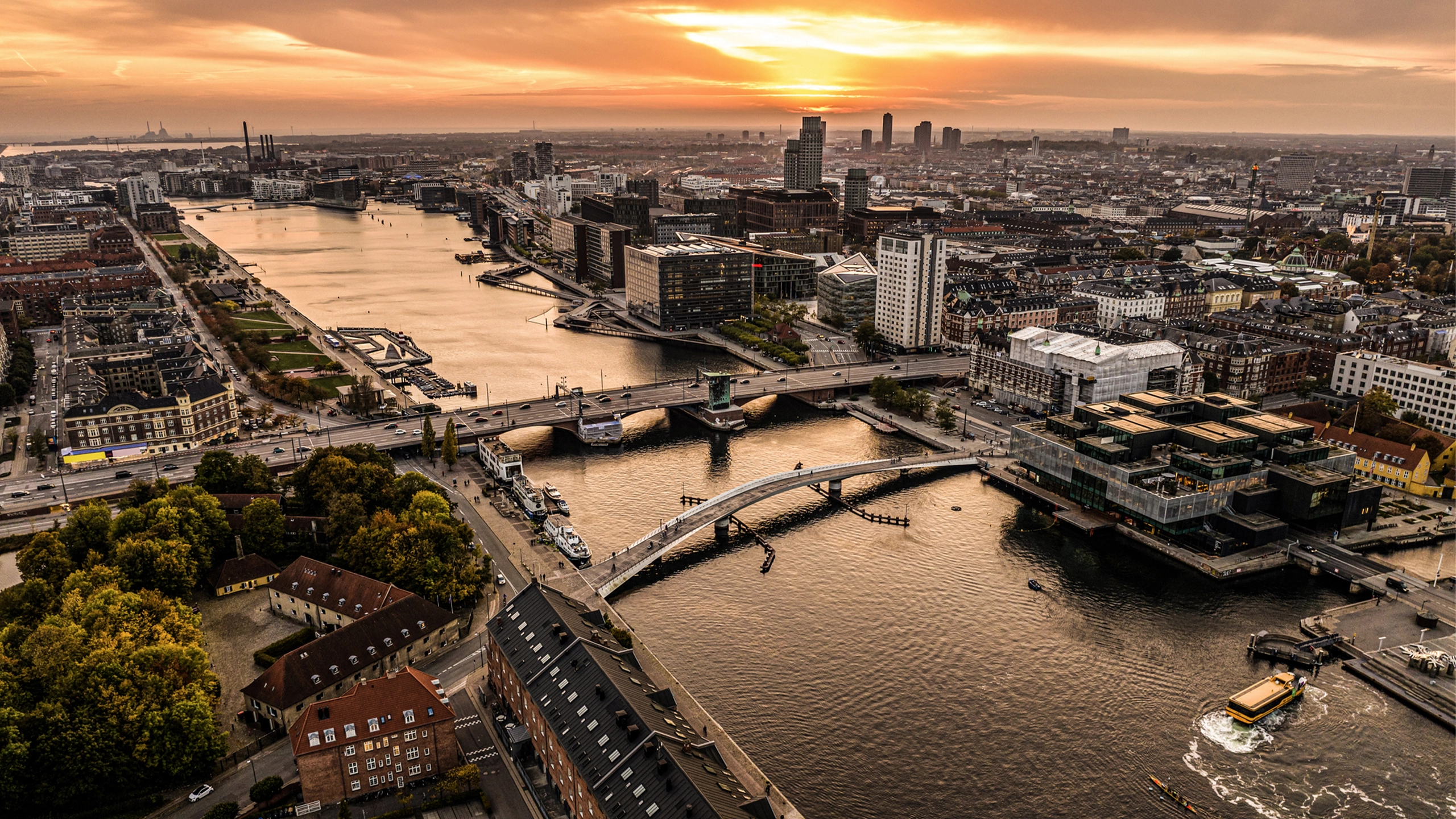 Aerial view of Copenhagen, Denmark at sunset