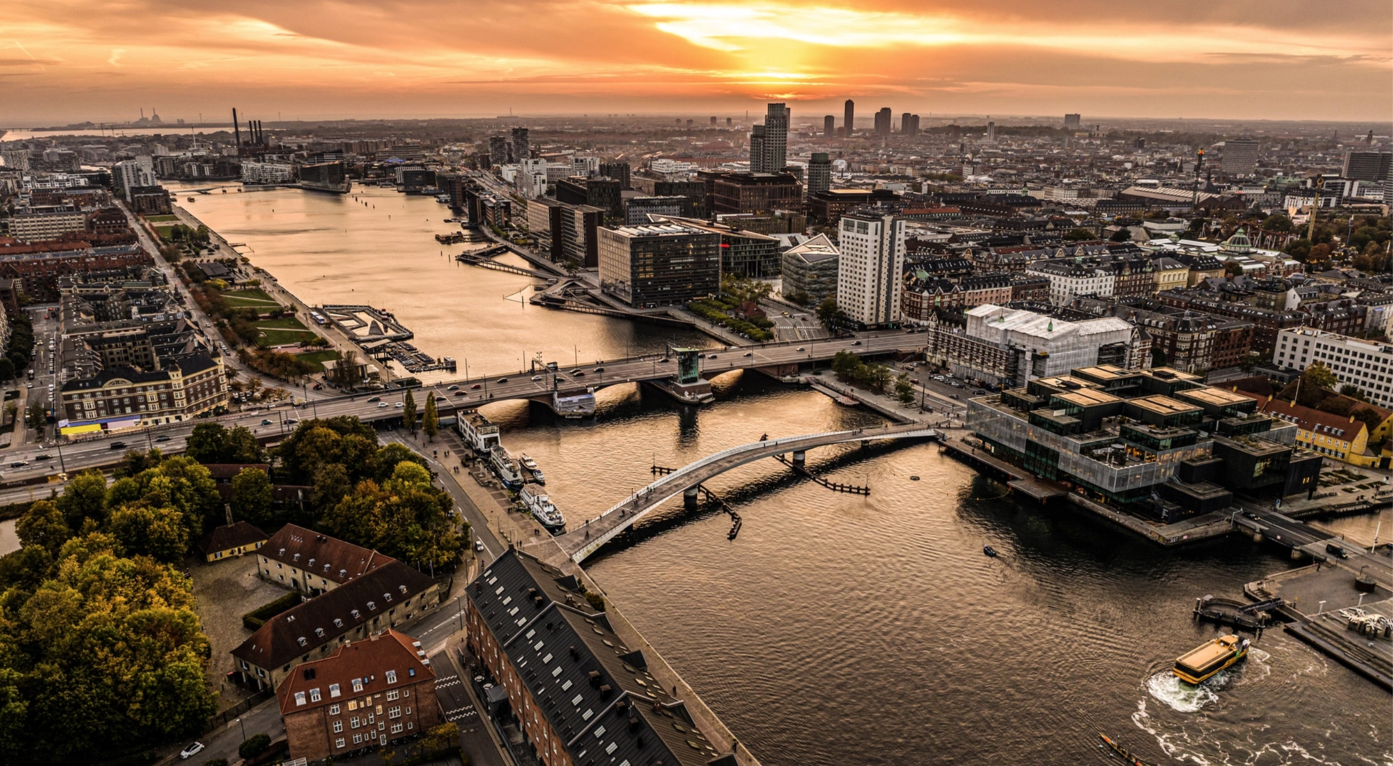 Aerial view of Copenhagen, Denmark at sunset