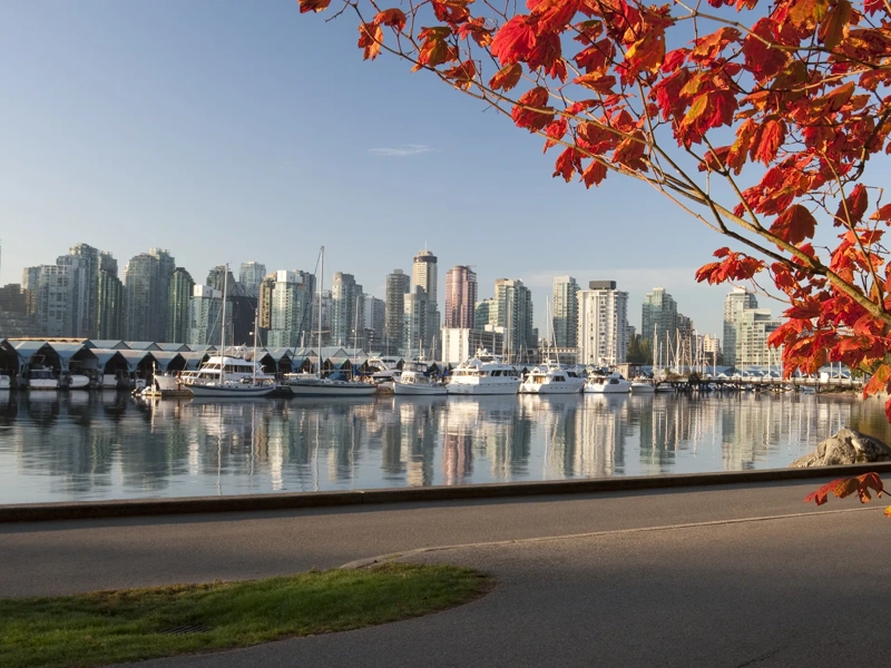 Beautiful aerial view of downtown Vancouver skyline, British Columbia, Canada with red and orange autumnal leaves