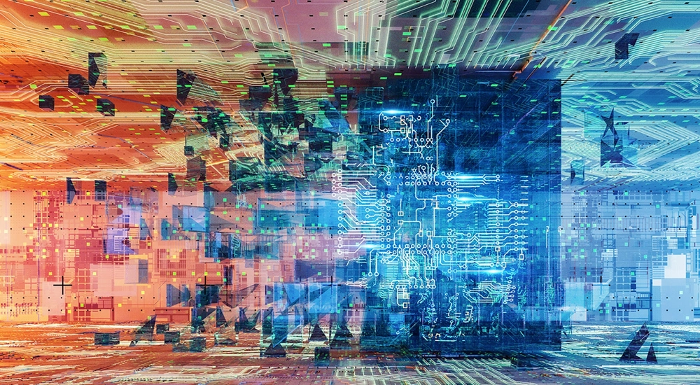 Abstract image of red and blue circut boards