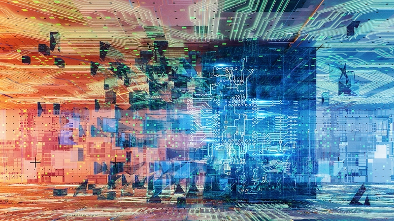Abstract image of red and blue circut boards