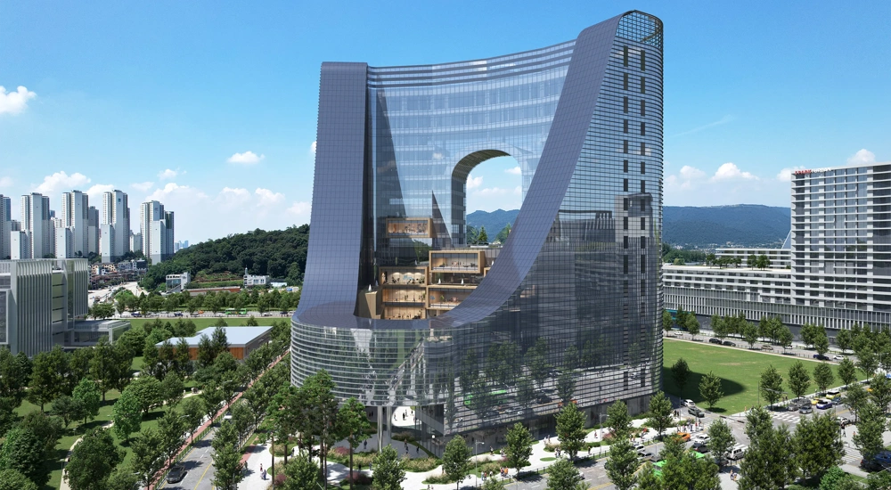 Visualisation of curved, glass JYP Entertainment HQ, Seoul, South Korea