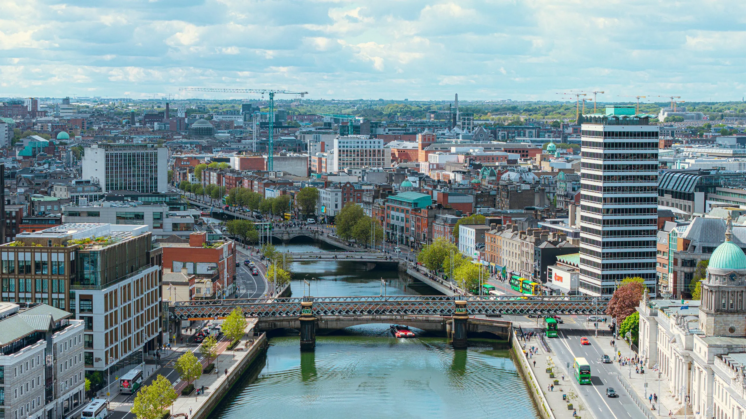 Dublin docks with the financial district connected with tech companies. View towards the land