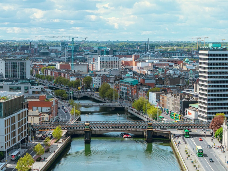 Dublin docks with the financial district connected with tech companies. View towards the land