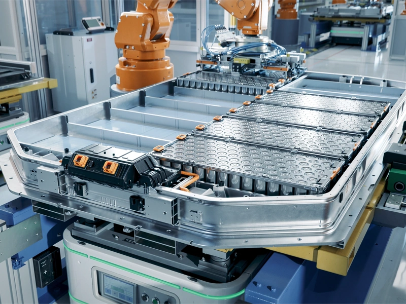 Interior of gigafactory with orange and steel machinery