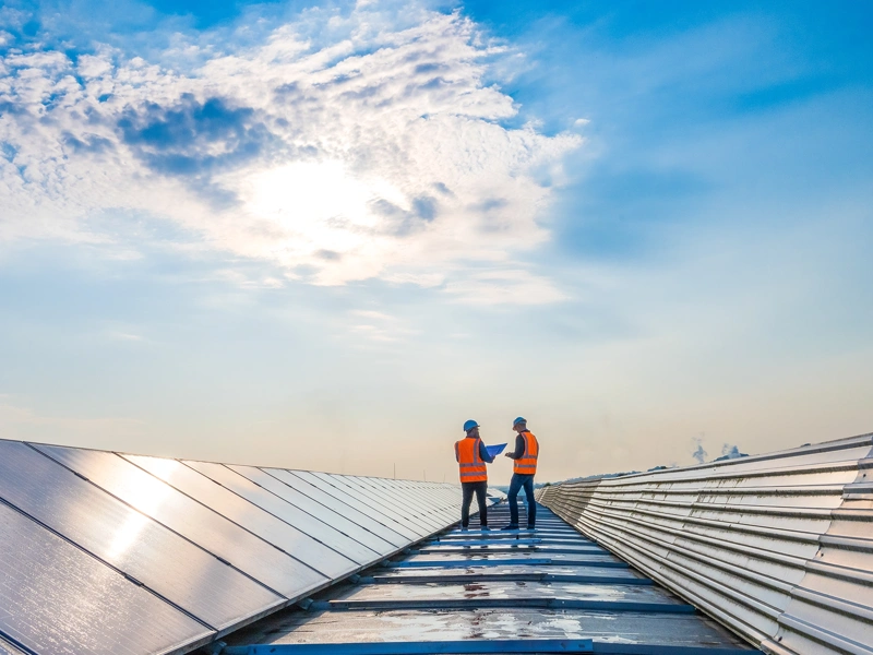 Two men in hi vis jackets standing on top of a solar panel farm