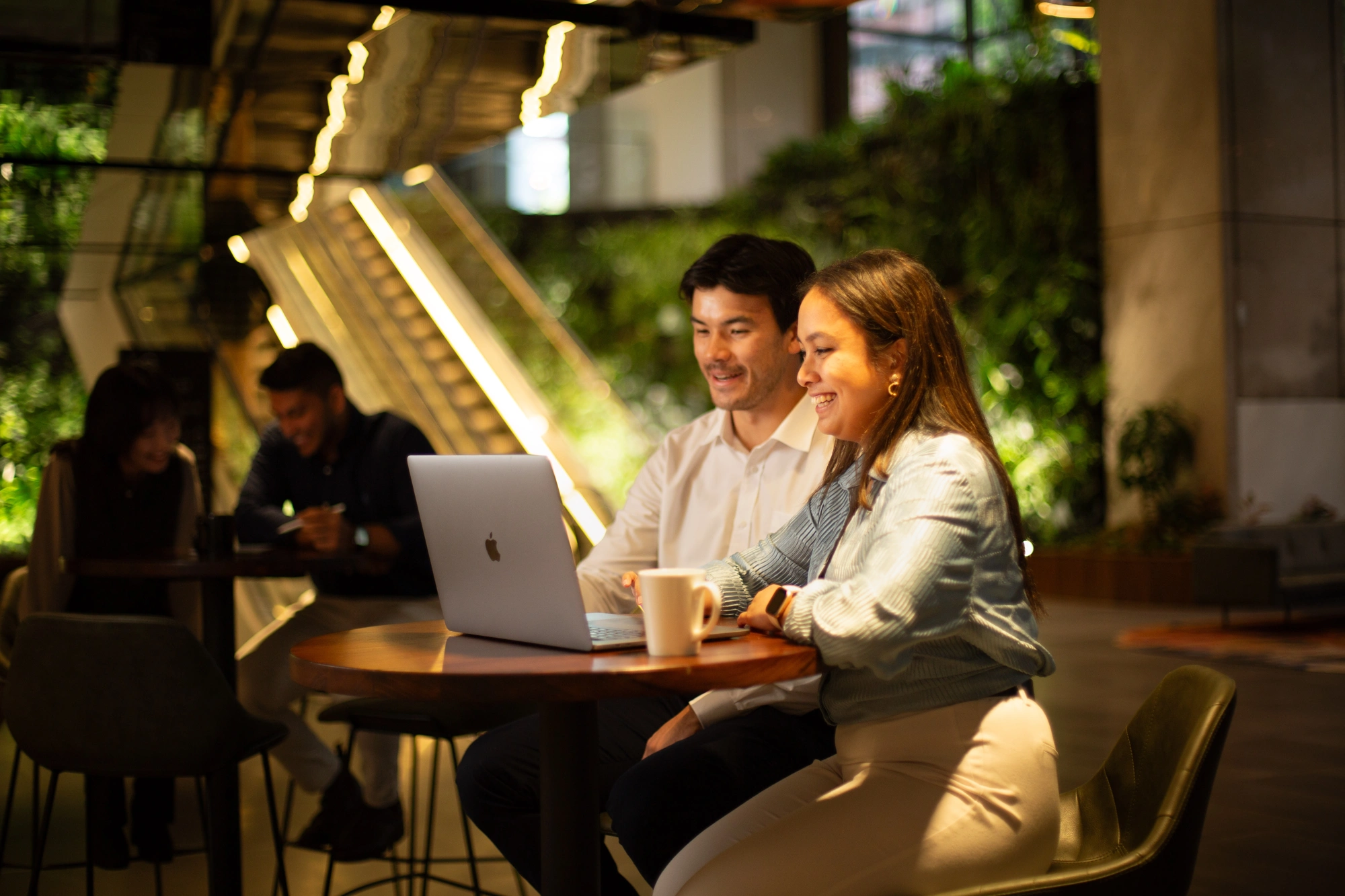 Employees in an inviting, plant-filled office