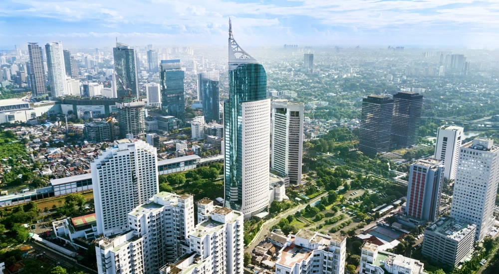 Aerial photo of iconic BNI 46 Tower with located in South Jakarta Central Business District,