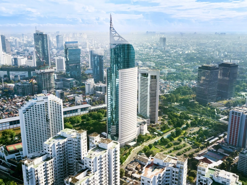 Aerial photo of iconic BNI 46 Tower with located in South Jakarta Central Business District,