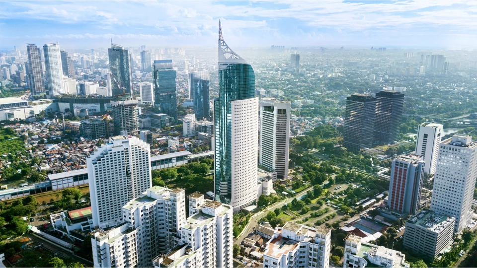 Aerial photo of iconic BNI 46 Tower with located in South Jakarta Central Business District,
