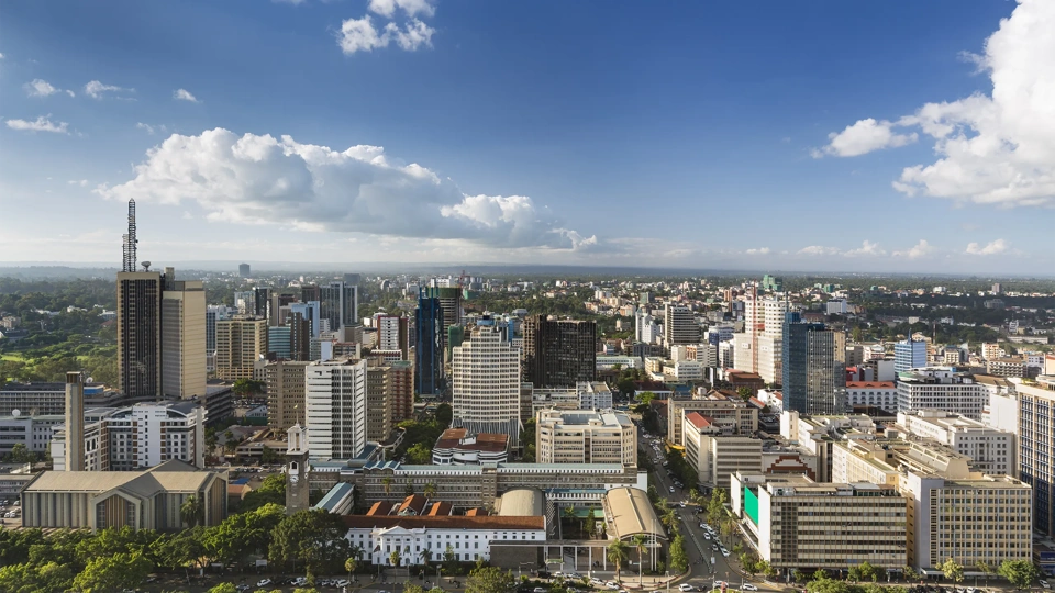 View over City Hall and modern highrises and streets in the business district of Nairobi, Kenya.