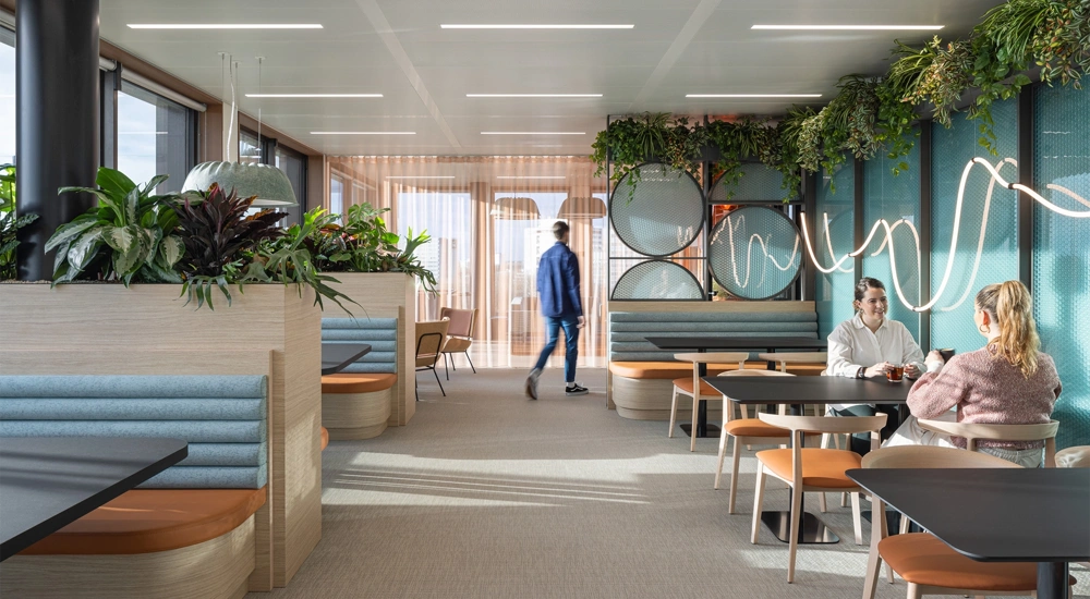 Lounge space of refurbished Pinsent Masons' office, Amsterdam, The Netherlands