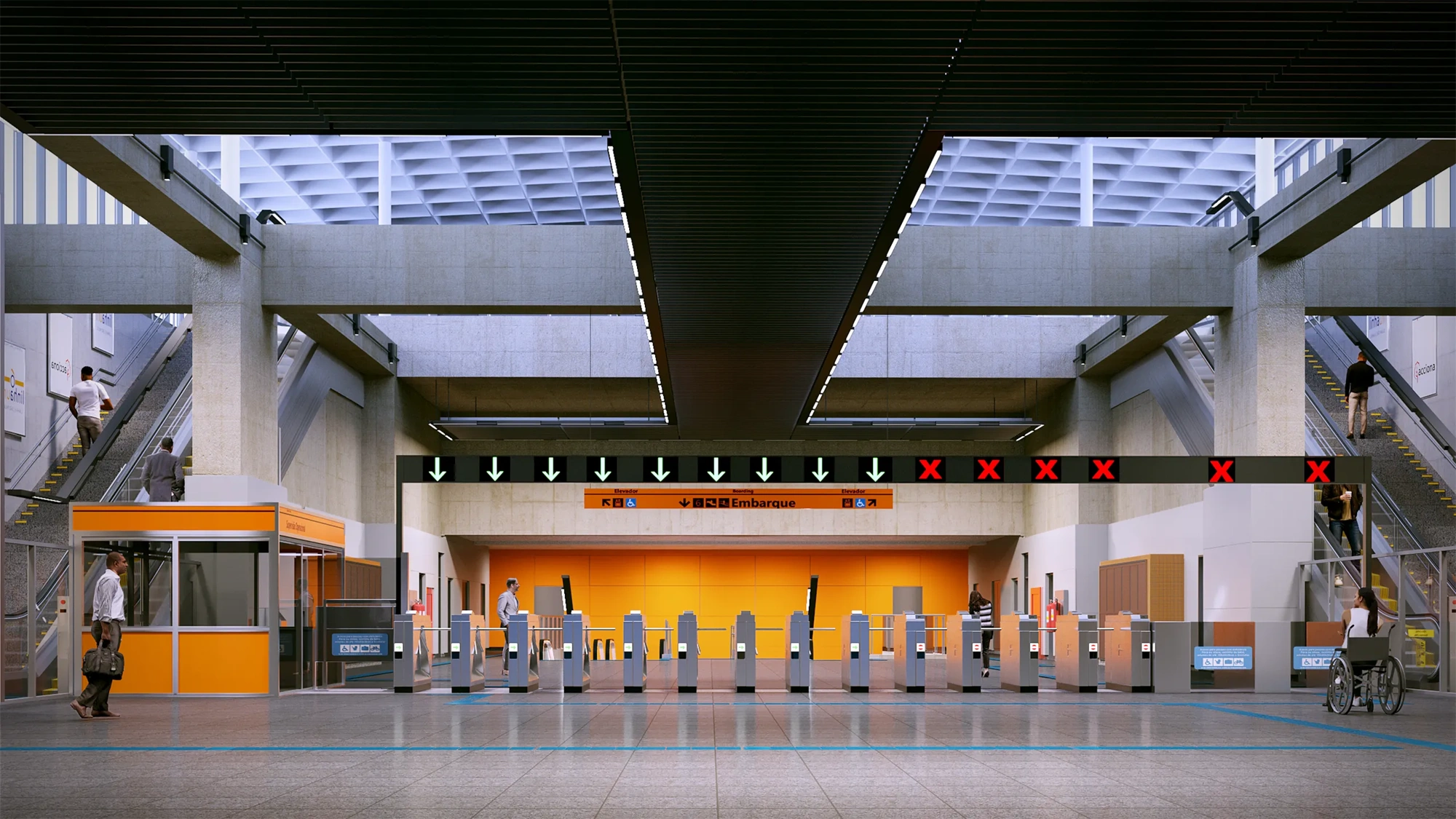 Modern metro station entrance with ticket barrier escalators and overhead signage