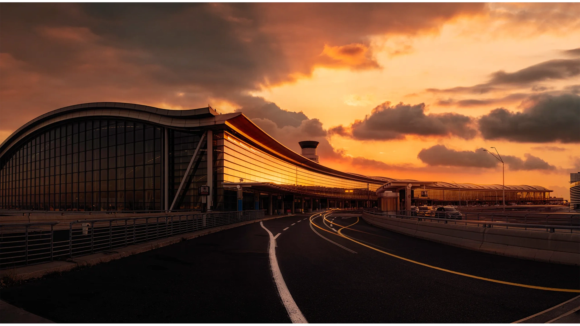 Toronto Pearson airport at sunset.