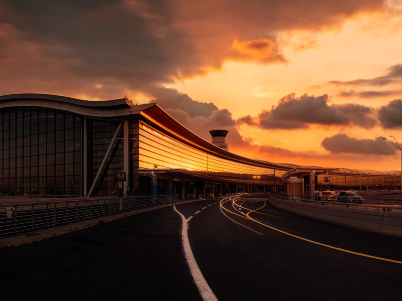 Toronto Pearson airport at sunset.