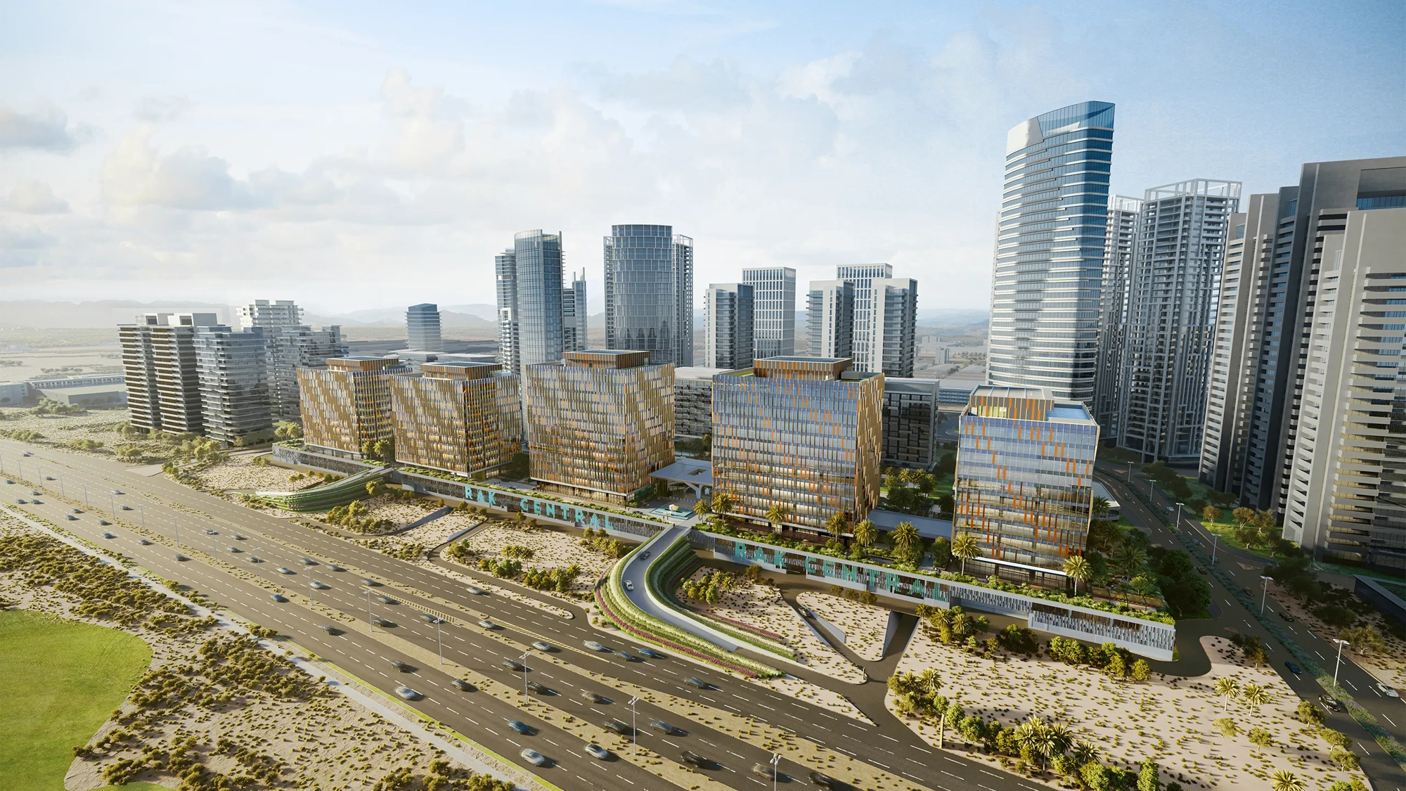 Aerial cityscape with modern skyscrapers, illuminated highways, busy traffic and dense urban development. 