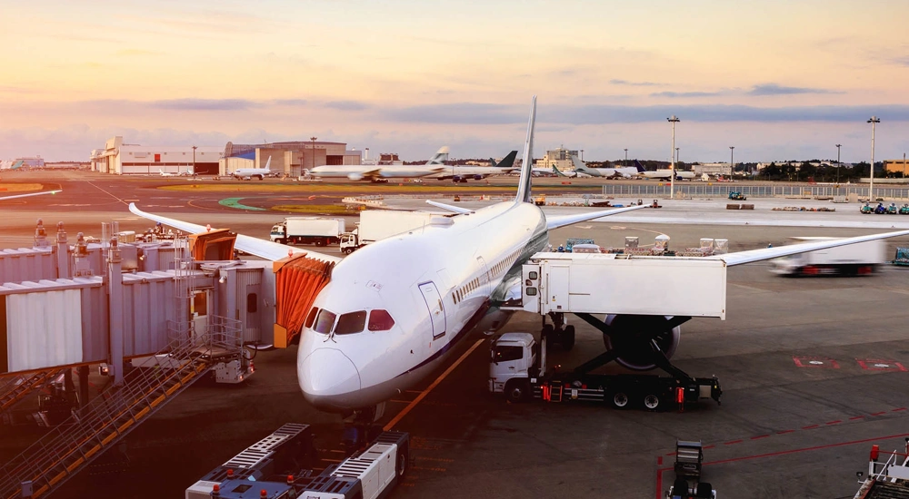 Plane and service vehicles on tarmac, Heathrow Airport, UK