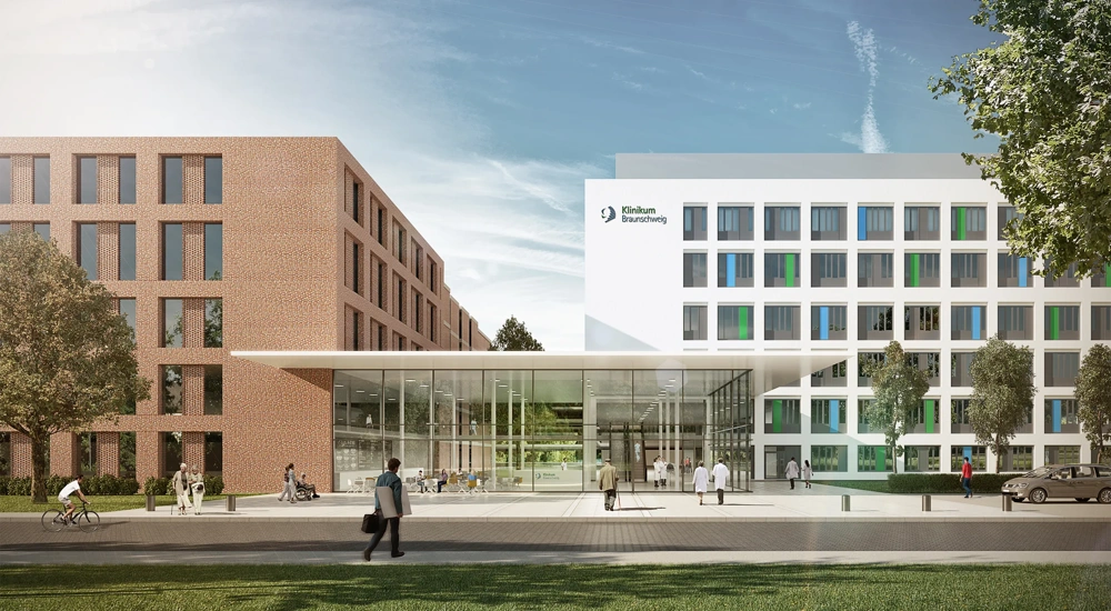Image of Braunschweig Municipal Hospital, with blue skies and people walking by