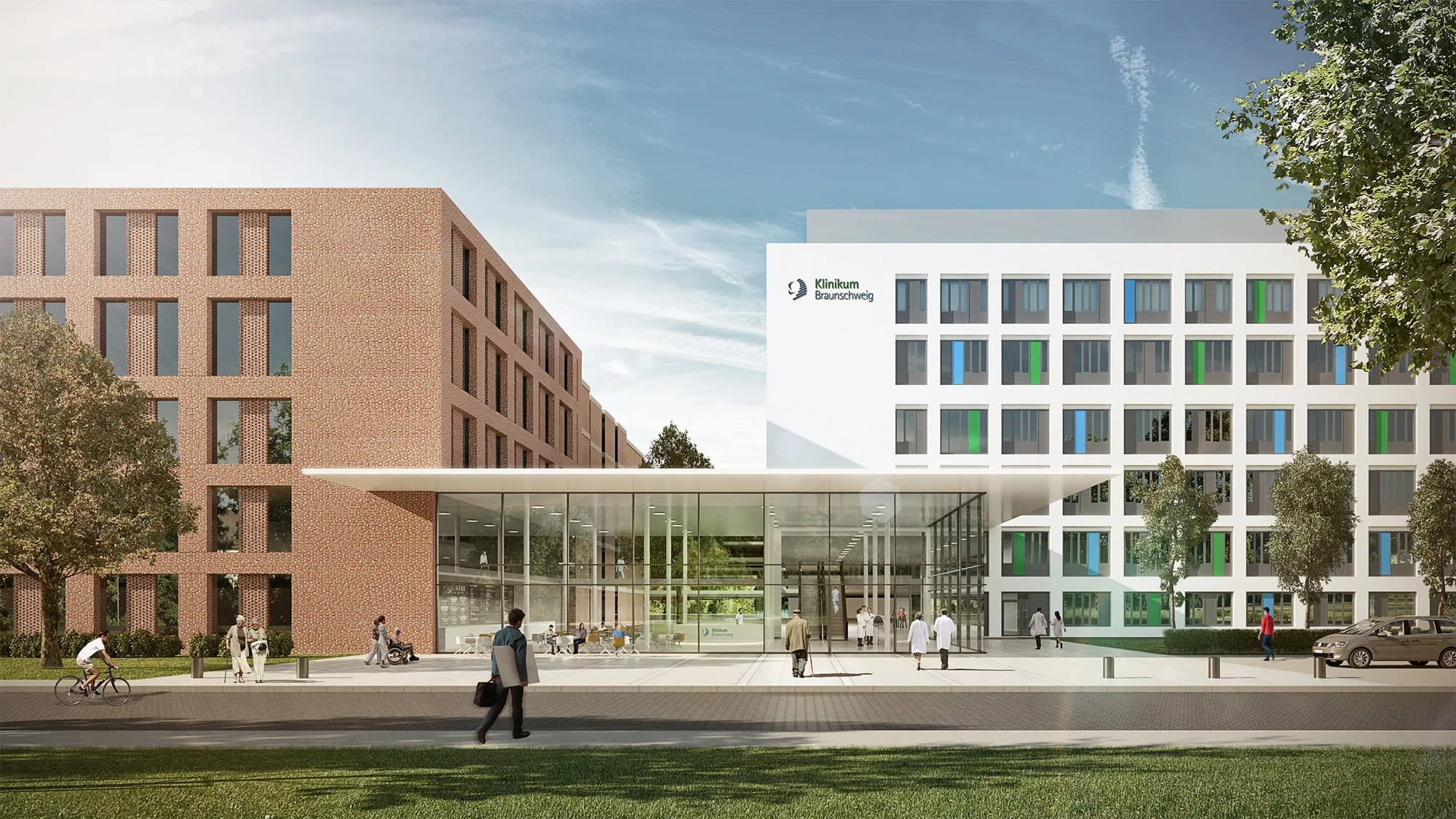 Image of Braunschweig Municipal Hospital, with blue skies and people walking by