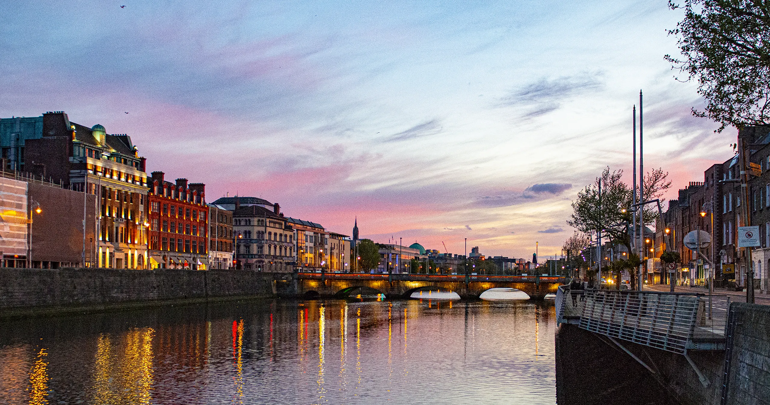 Dublin City centre at night along the river Liffey on the quays, Dublin, Ireland.