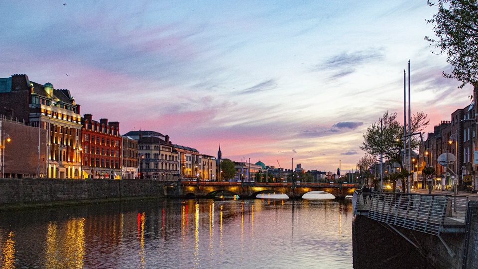 Dublin City centre at night along the river Liffey on the quays, Dublin, Ireland.