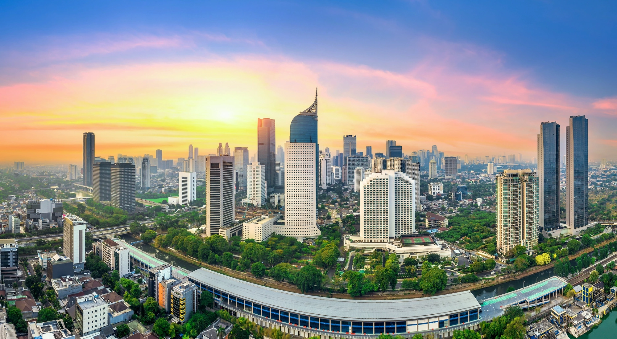 Scenic of Jakarta city at sunset in Indonesia