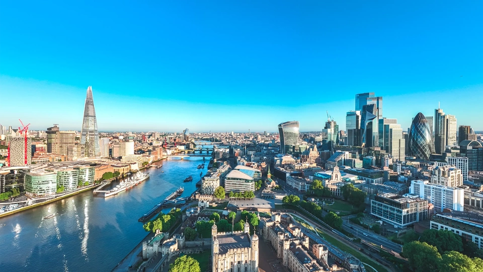 Aerial view of finance district in London