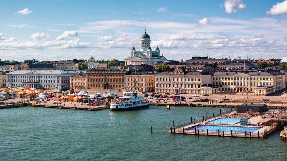Helsinki Cityscape Market Square Helsinki Cathedral and Open Sea Pool South Harbor