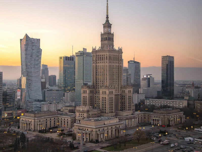 Warsaw urban skyline cityline panorama at autumn sunset