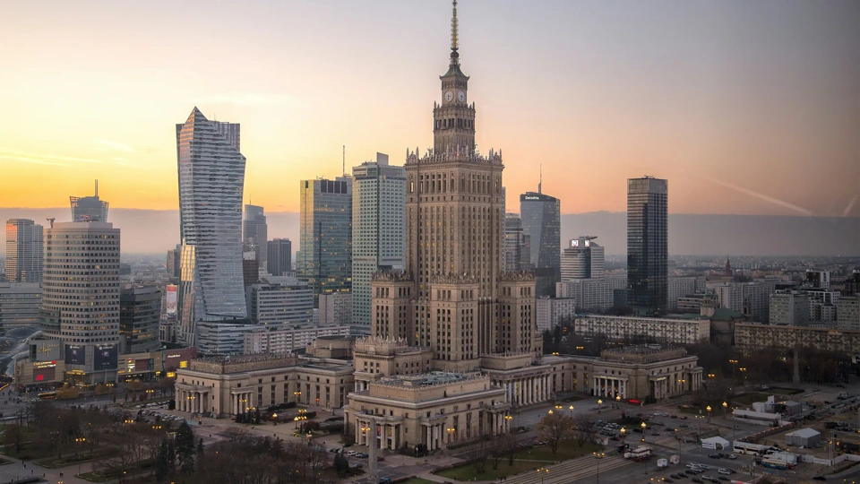 Warsaw urban skyline cityline panorama at autumn sunset