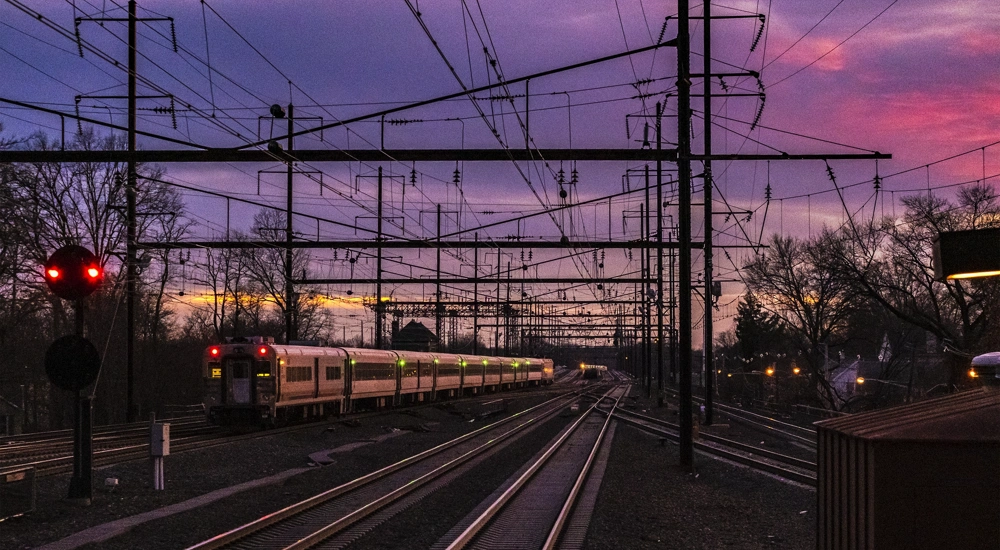 Train at sunset, UK
