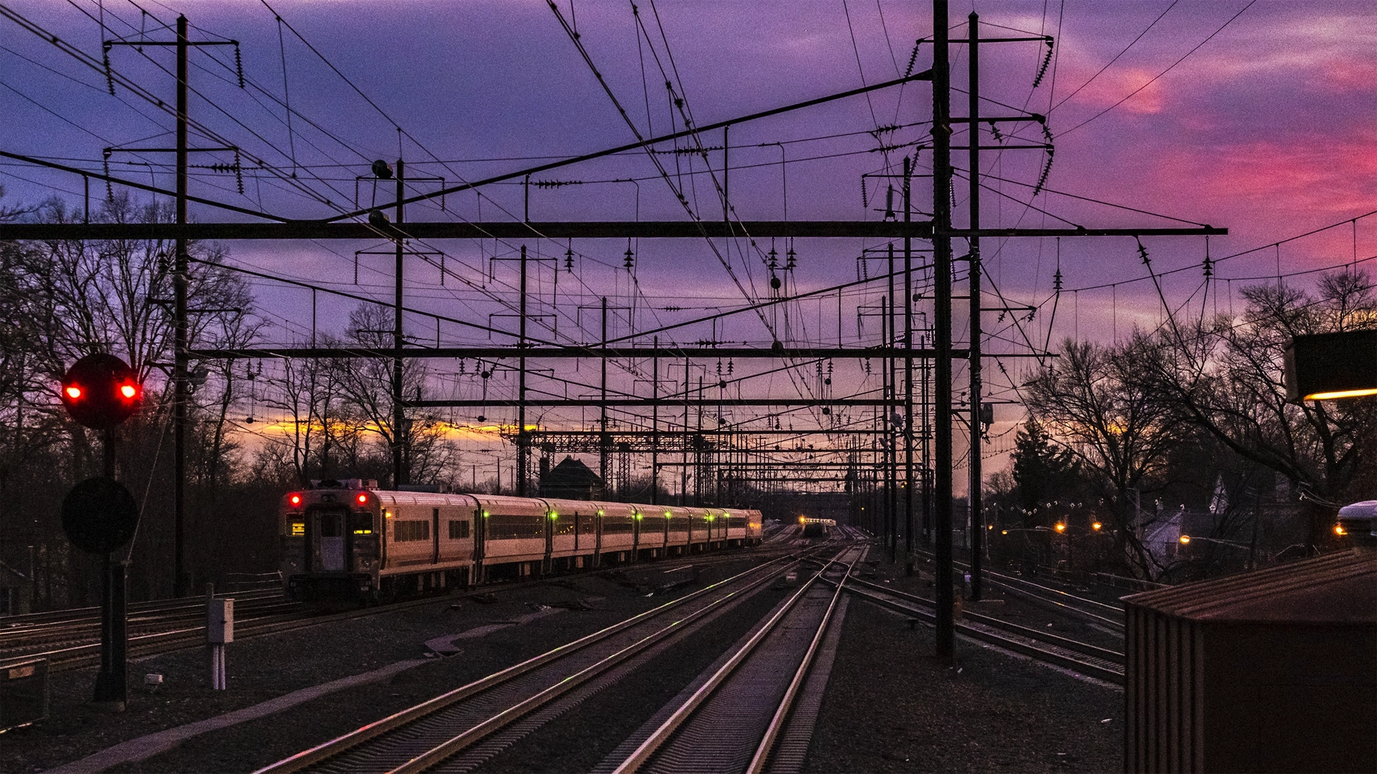 Train at sunset, UK