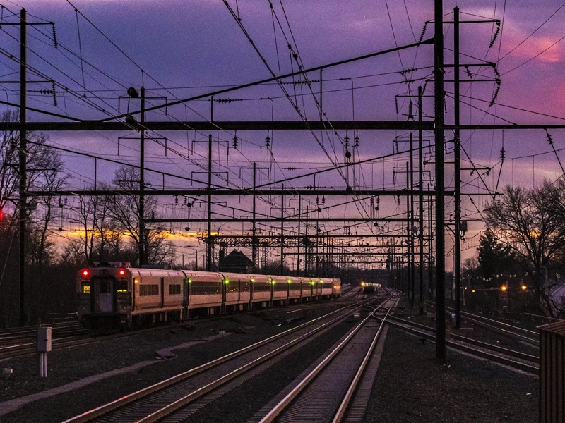 Train at sunset, UK