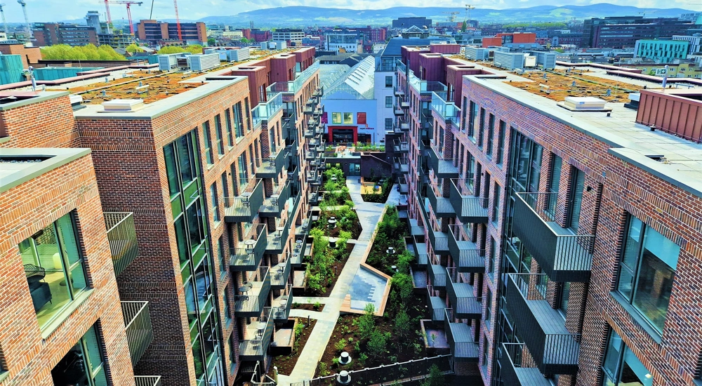 Aerial of One Lime Street residential development with balconies and central green space, Dublin, Ireland