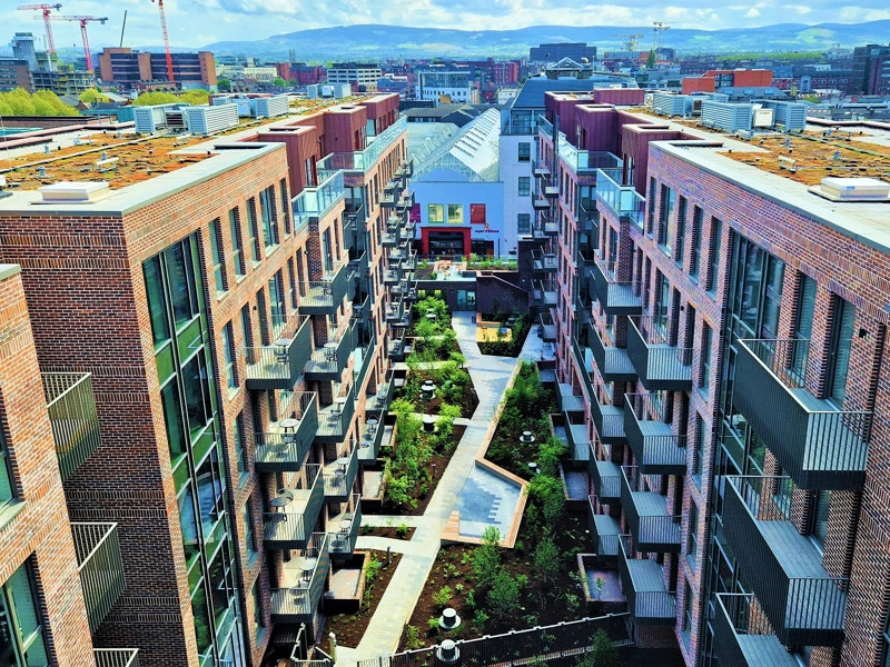 Aerial of One Lime Street residential development with balconies and central green space, Dublin, Ireland