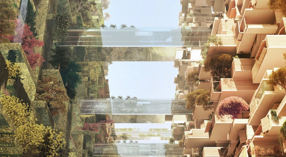 Two high rise sustainable buildings covered in foliage and connected via glass walkways