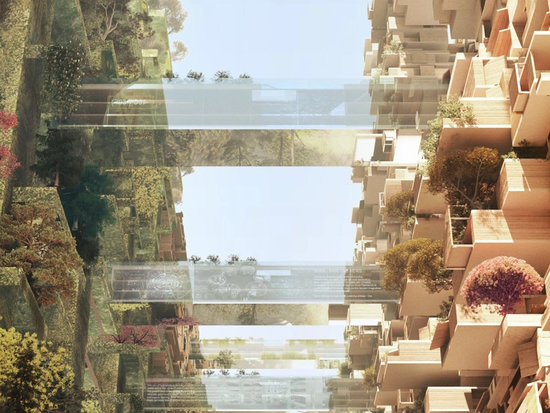 Two high rise sustainable buildings covered in foliage and connected via glass walkways
