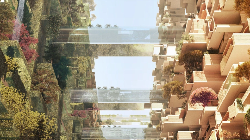 Two high rise sustainable buildings covered in foliage and connected via glass walkways