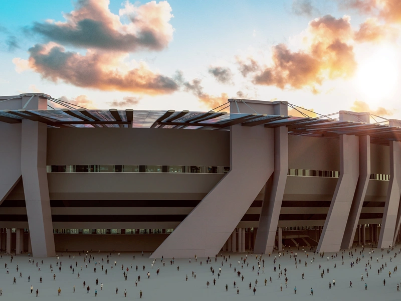 Large sports stadium with crowds off supporter entering the main gates
