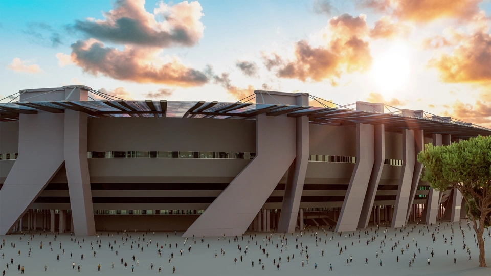 Large sports stadium with crowds off supporter entering the main gates