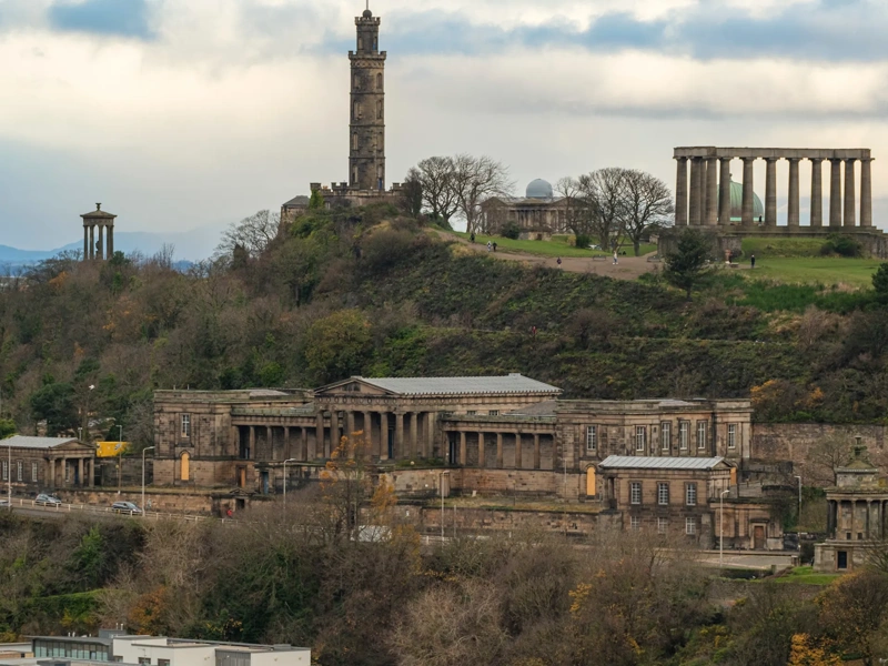 Edinburgh scenic skyline at sunset, view from Calton Hill, Scotland travel photo