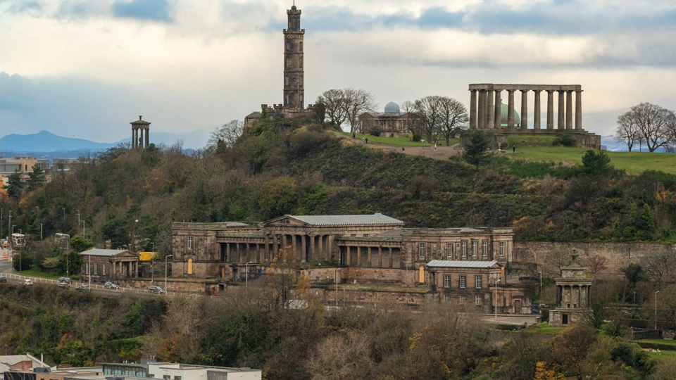 Edinburgh scenic skyline at sunset, view from Calton Hill, Scotland travel photo
