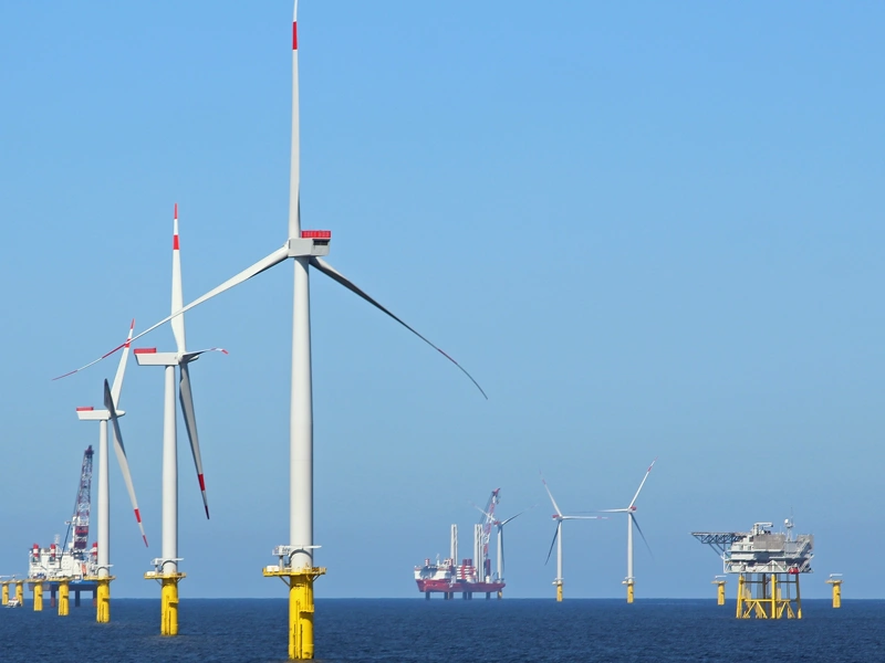 Multiple offshore wine turbines; daytime