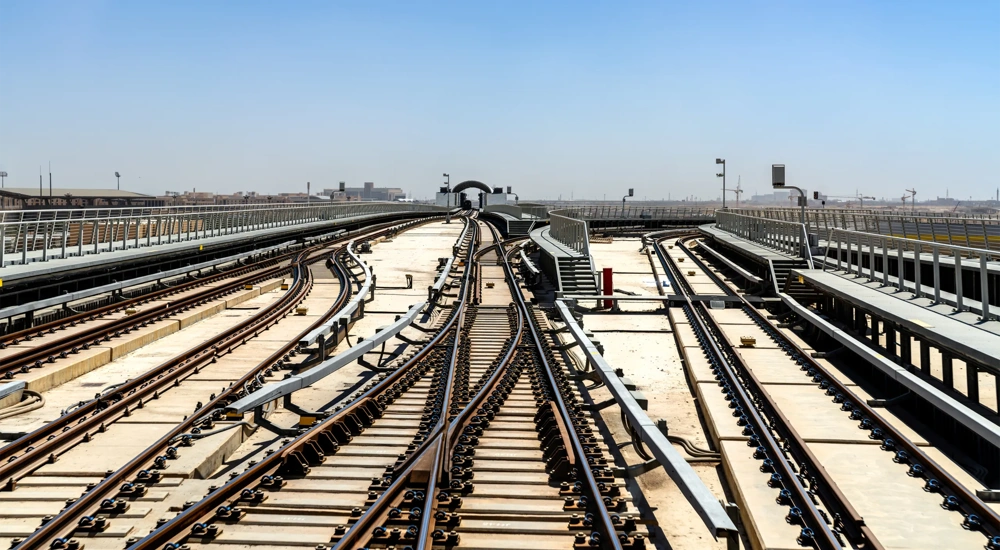 A view of the Riyadh Metro railway tracks and rail switches leading to a maintenance depot under a clear blue sky.