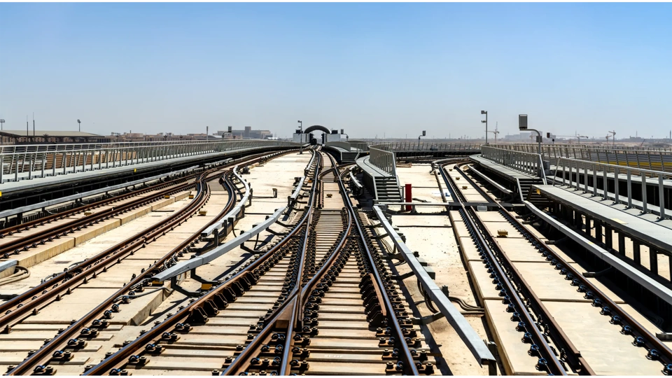 A view of the Riyadh Metro railway tracks and rail switches leading to a maintenance depot under a clear blue sky.