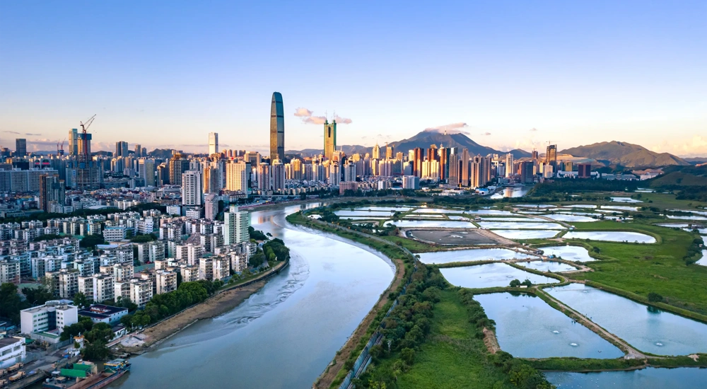 Drone view of Shenzhen Hong Kong border at sunset