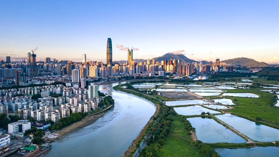 Drone view of Shenzhen Hong Kong border at sunset